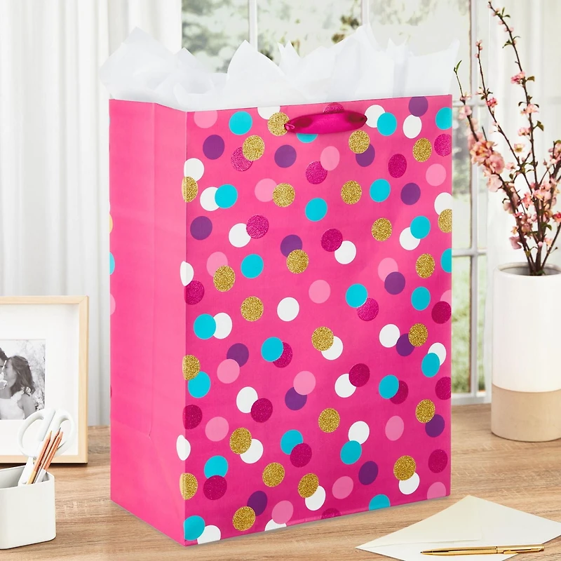 Très grand sac-cadeau Hallmark de 20 po (sarcelle, blanc, rose et or à pois scintillants sur rose) pour les fêtes, la fête des Mères, Pâques, les showers de mariage, les showers de bébé