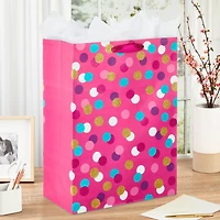 Très grand sac-cadeau Hallmark de 20 po (sarcelle, blanc, rose et or à pois scintillants sur rose) pour les fêtes, la fête des Mères, Pâques, les showers de mariage, les showers de bébé