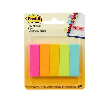Signets Post-it®, couleurs fluorescentes assorties, 1,3 cm x 5 cm (1/2 po x 2 po)