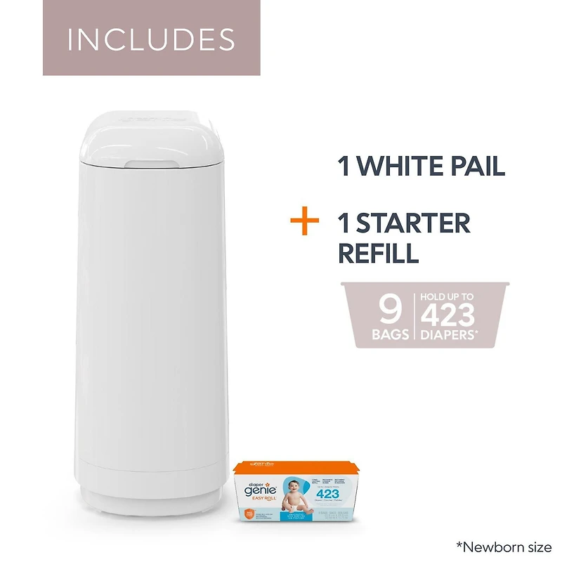 Poubelle à couches Diaper Genie Essence - Blanc - Pinces bloque-odeurs 9 sacs Easy Roll / contient jusqu’à 423 couches