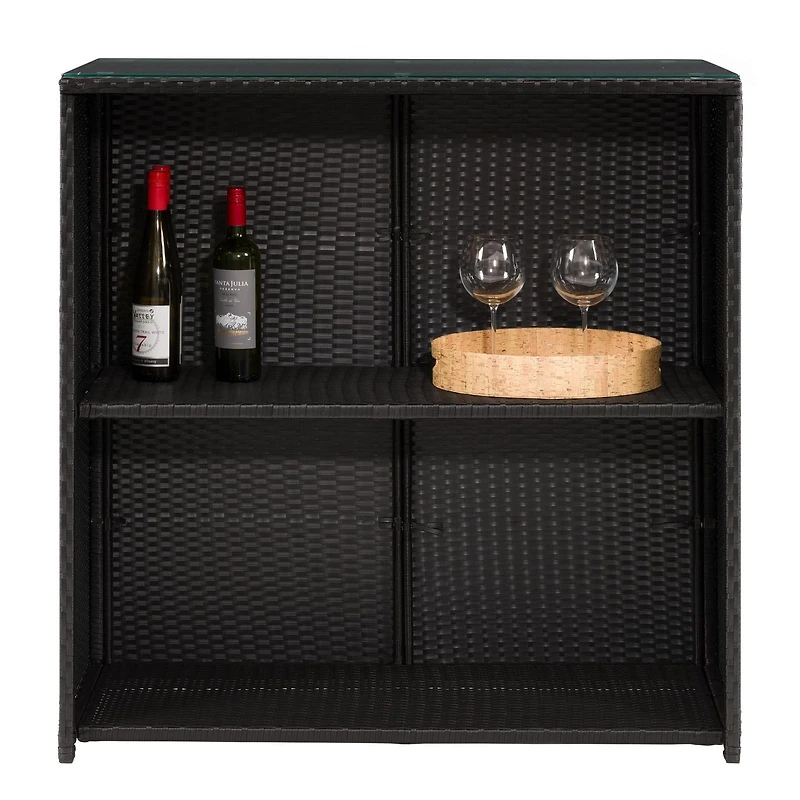 CorLiving Parksville 3-Piece Stylish and Durable Black Resin Wicker and Steel Patio Bar Set with Barstools with Grey Cushions