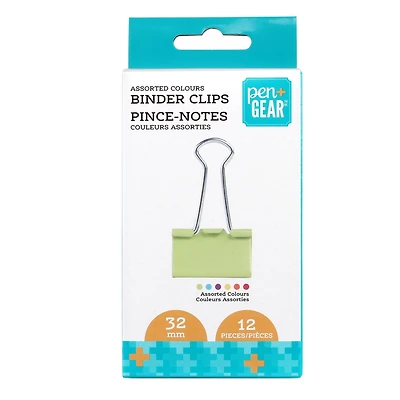 Pen+Gear Assorted Colours Binder Clips, 12 pieces, 32 mm