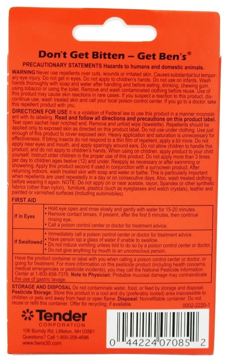 Ben's® 30 Tick and Insect Repellent Wipes
