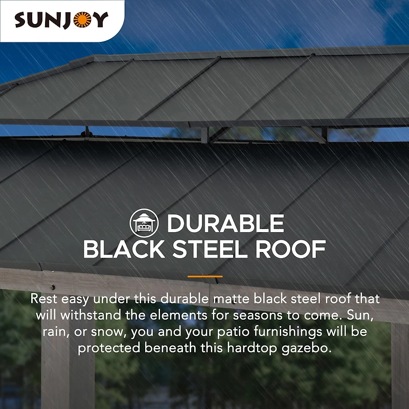 Sunjoy Outdoor 12x20 ft. Wood Gazebo, Outdoor Patio Steel Hardtop Gazebo, Cedar Framed Wooden Gazebo with 2-tier Metal Roof, Suitable for Patios, Lawn, and Backyard, Matte Black