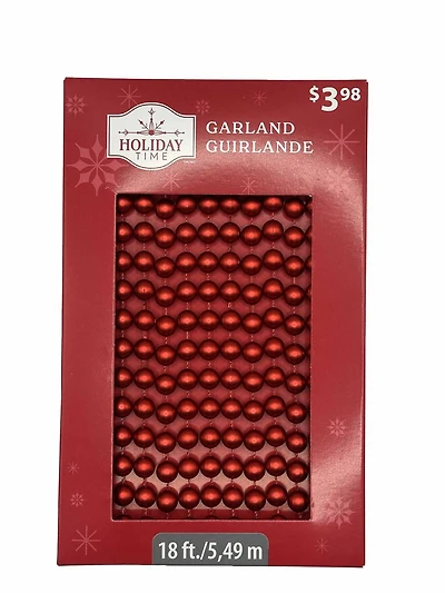 Holiday Time 18-Foot Matte Red Beaded Garland for Christmas Trees and Holiday Decorating, 18ft Matte Red Beaded Garland
