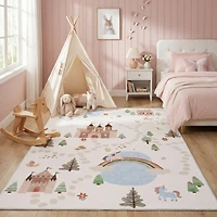Rug Branch Soft Steps Playtime Licornes, Chateau, Carte routiere, Tapis educatif doux, Blanc Bleu - Garcons et filles dans la salle de jeux, la creche, la chambre