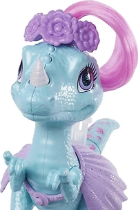 Poupée Bébé Licorne Cave Club d’environ 8 cm avec cheveux frisés bleus, tenue, accessoires et figurine dinosaure, cadeau à partir de 4 ans