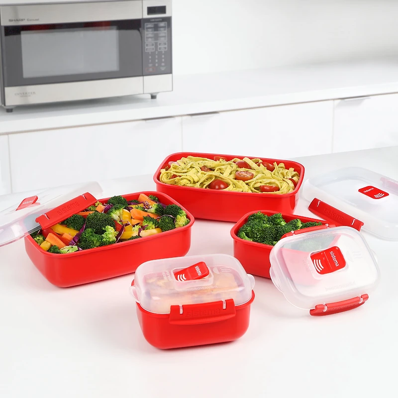 Sistema Heat and Eat Lot pour micro-ondes, 4 récipients rectangulaires pour aliments avec couvercle (2x 1,25 l + 2x 525 ml), Clips de fermeture et valves d'évacuation de la vapeur, sans BPA