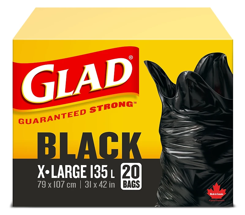 Glad Black Garbage Bags - Extra-Large 135 Litres -, 20 Trash Bags