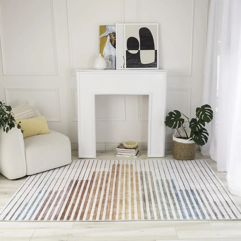 Tapis d'interieur a rayures colorees Eclipse Branch, arc-en-ciel, blanc beige, abstrait - Salon, chambre, salle a manger et bureau<br>