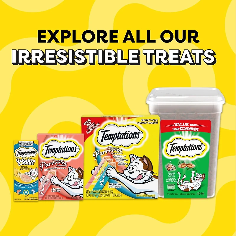 Gâteries pour chats Temptations saveur de poissons et fruits de mer, tendres à l'intérieur, croquantes à l'extérieur 180 g