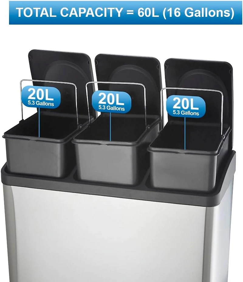 Step N’ Sort poubelle 60 L à 3 compartiments – système de tri cuisine (déchets, recyclage et compost), pédales mains libres, acier inoxydable avec bacs amovibles