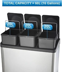 Step N’ Sort poubelle 60 L à 3 compartiments – système de tri cuisine (déchets, recyclage et compost), pédales mains libres, acier inoxydable avec bacs amovibles