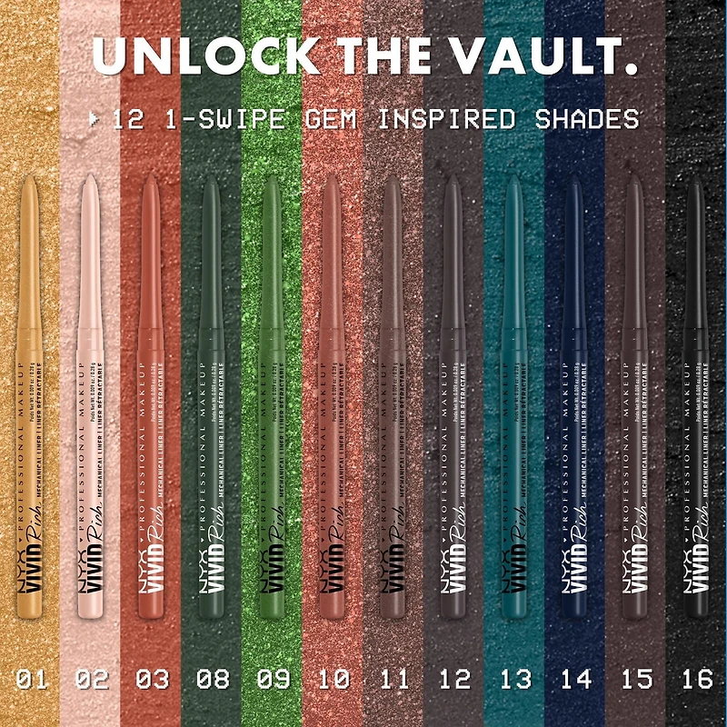 NYX PROFESSIONAL MAKEUP, Liner rétractable Vivid Rich, Crayon pour les yeux, Nuances riches, Formule végane Pigment pierre précieuse