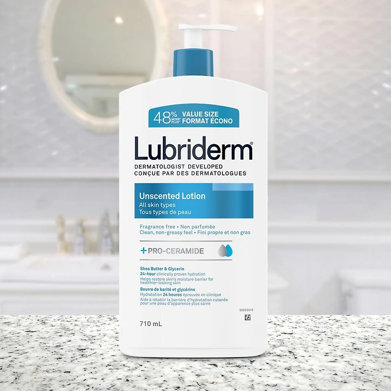 Lubriderm Unscented Lotion, Shea Butter and Glycerin, Dry Skin, Hand, Face Moisturizer, Fragrance Free, 710 mL