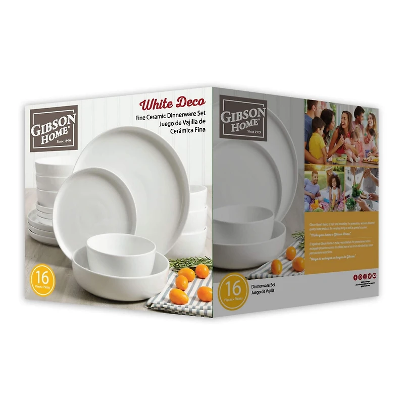 Gibson Home White Deco 16 Piece Double Bowl Dinnerware Set - White
