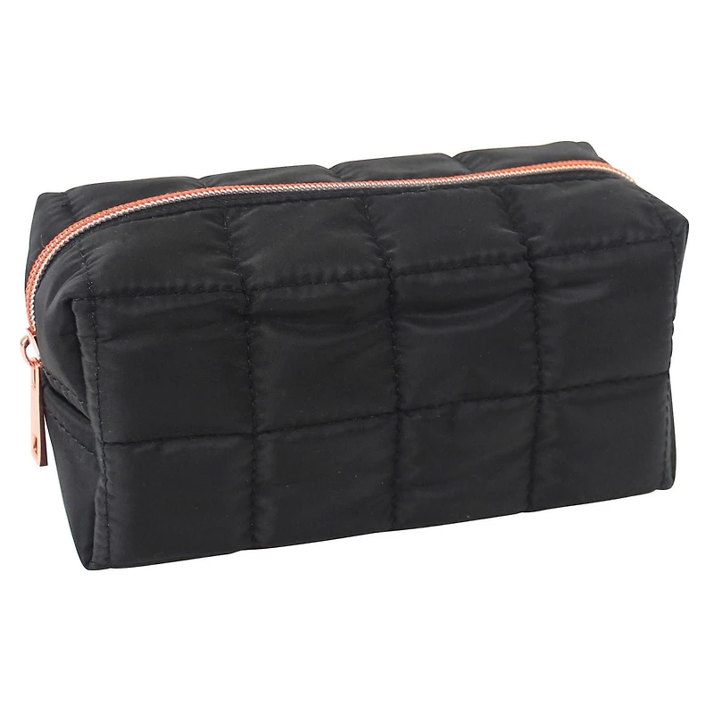 Pen + Gear Padded Squares Pencil Pouch in Smooth Black Polyester with Rose Gold Metallic Zip