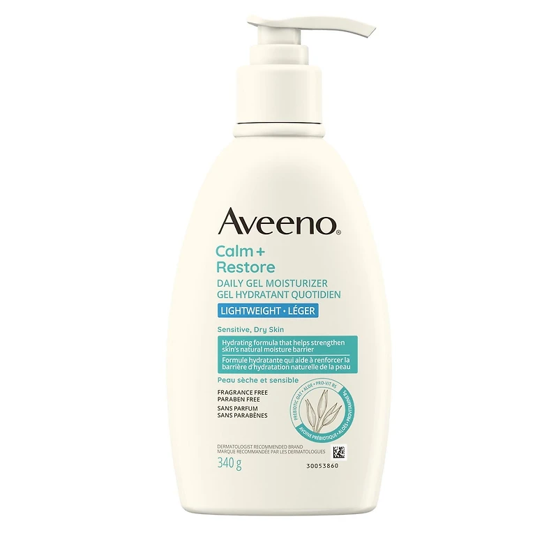 Gel hydratant quotidien Aveeno Calm + Restore, avoine prébiotique, aloès, provitamine B5, soulage la peau sèche et sensible, sans parfum