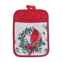 Christmas Pot Holder With Pocket Cardinal Wreath - Set of 4