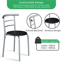 Fullfurnique Modern 3-piece Round Dining Table and 2 Chairs Set with Steel Legs, Black