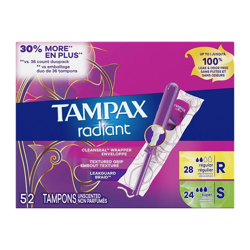 Tampax Radiant Tampons Multipack, with LeakGuard Braid, Regular/Super Absorbency, Unscented