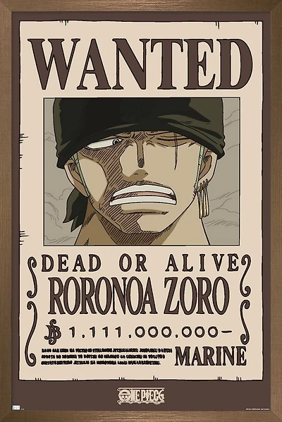 One Piece - Roronoa Zoro Wanted Poster Wall Poster, 14.725" x 22.375" Framed