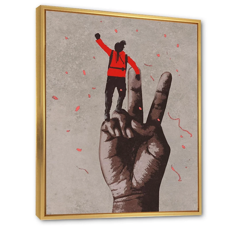 Designart Victory Sign With Man With Arm Raised FLOAT FRAME WALL ART