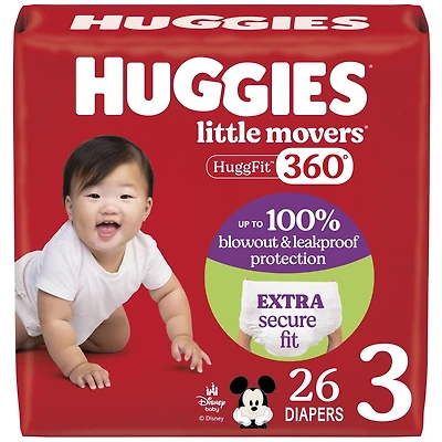 Huggies Little Movers HuggFit 360° Baby Diapers with 360° Waistband, Size 2 (16-28 lbs), 26 Count