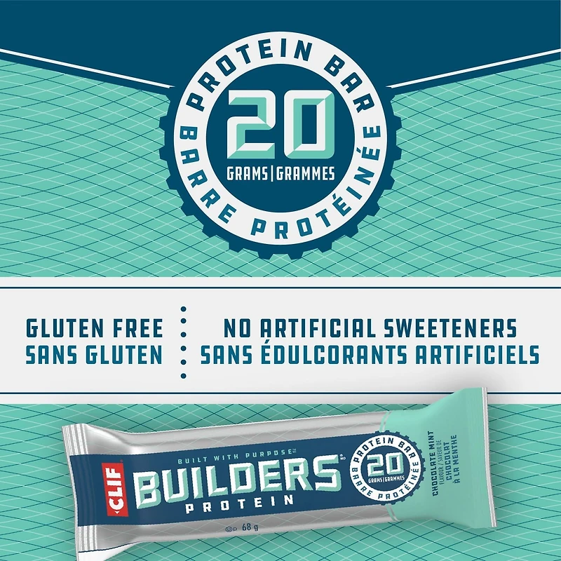 CLIF BUILDERS Protein Bars, Saveur Chocolat à la Menthe, 20g de Protéines, Préparé au Canada, Sans Gluten, Sans Édulcorants Artificiels, 6x68g