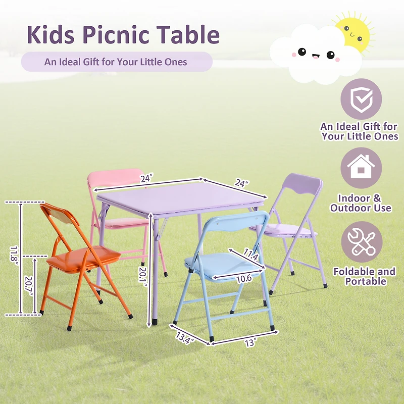 Homy Casa 5 Piece Foldable Kids Table and Chair Set, Compact Plastic Desk and Seat for Playroom Study Area, Purple
