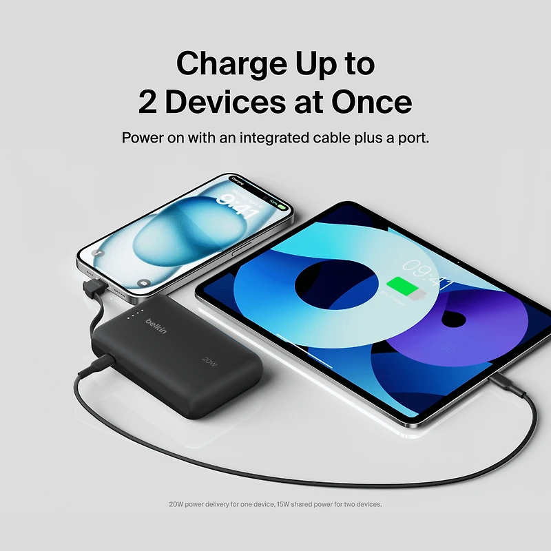 Belkin BoostCharge Portable Power Bank, 2.2in/5.7cm Integrated Cable 10,000mAh PD 20W Fast Charge USB-C Power Delivery, Portable iPhone Charger for iPhone 15 Series, iPad Pro, Galaxy S24 & More Black, BEL 10K 20W CABLE PWRBNK BLK
