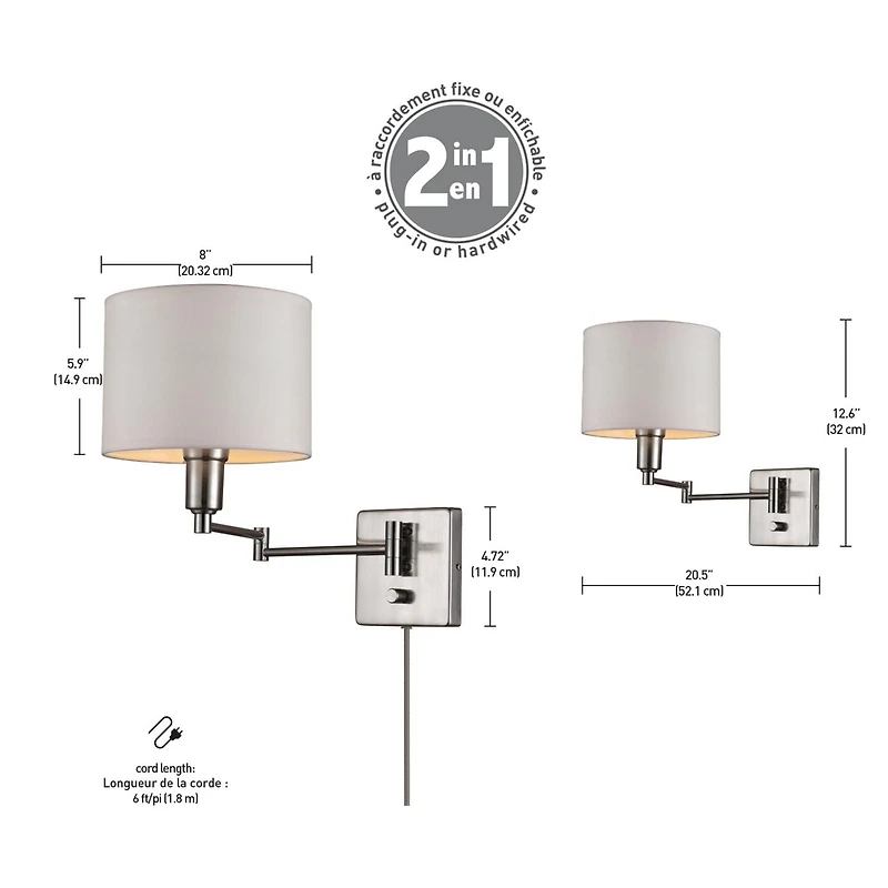 Globe Electric Bernard 1-Light Plug-In or Hardwire Metal Wall Sconce, Brushed Steel Finish, White Fabric Shade, 6ft Clear Cord, Rotary On/Off Switch, 65292