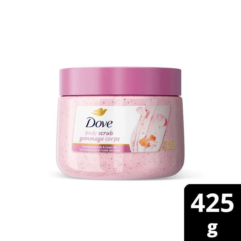 Dove Gommage corporel pour une peau visiblement soyeuse et nourrie, Sel de l'Himalaya et Huile de Rose avec ¼ de crème hydratante 425g