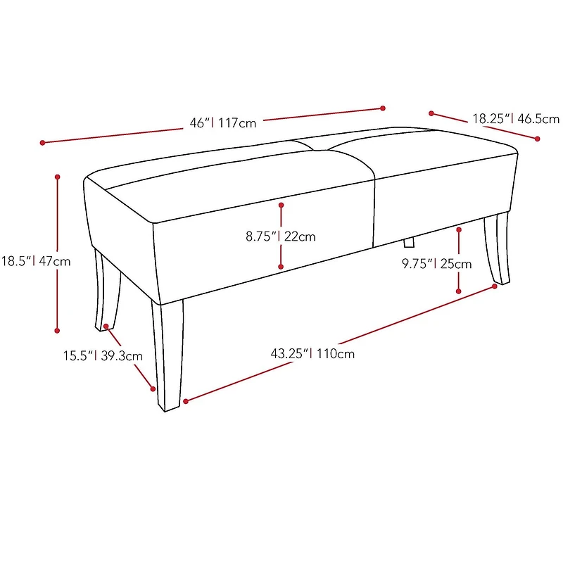 Banc d'intérieur rembourré en tissu CorLiving Antonio de 117 cm de large avec pieds en bois courbés, gris foncé