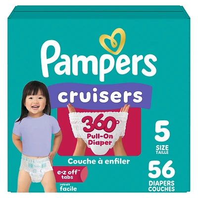 Pampers Diapers - Cruisers 360° - Size 5, up to 100% Leakproof Fit, Designed for Active Babies, Pull On Diaper, EZ Off Tabs Designed for Easy Changes