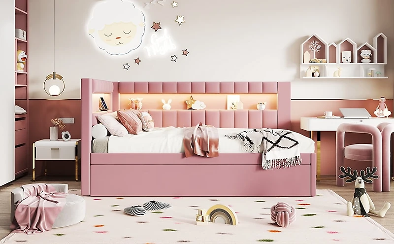 Noble House Upholstered Twin Size Platform Bed with USB Ports and LED Belt, With Trundle, Pink