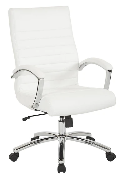 Fauteuil de direction, dossier mi-hauteur similicuir blanc, accoudoirs rembourrés/piètement chromé