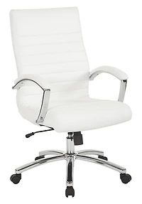 Executive Mid-Back Chair in White Faux Leather with Padded Arms and Chrome Finish Base