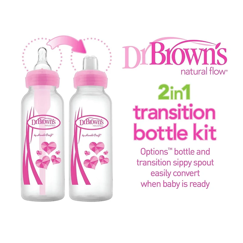 Dr. Brown’s Natural Flow Anti-Colic Options+ Narrow Sippy Bottle Starter Kit, 8oz/250mL, with Level 3 Medium-Fast Flow Nipple and 100% Silicone Soft Sippy Spout, 6m+, Pink