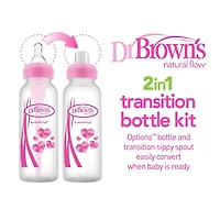 Dr. Brown’s Natural Flow Anti-Colic Options+ Narrow Sippy Bottle Starter Kit, 8oz/250mL, with Level 3 Medium-Fast Flow Nipple and 100% Silicone Soft Sippy Spout, 6m+, Pink