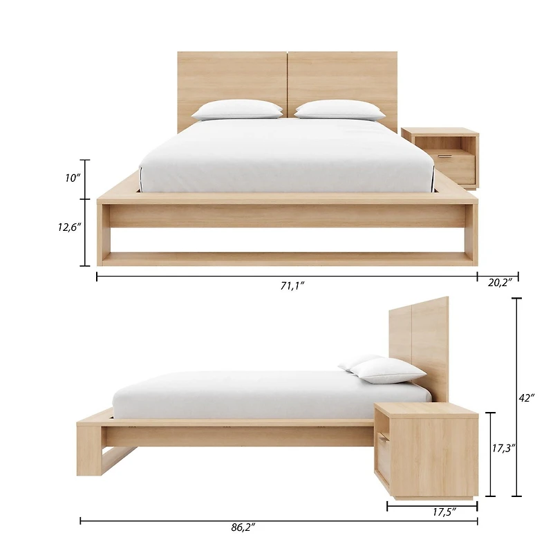 Ensemble de chambre à coucher Audrey 3 pièces avec lit queen size, tête de lit, sommier à lattes et table de chevet