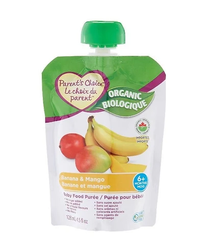 Purée biologique pour bébé Le Choix du Parent à saveur de banane et mangue 128 ml
