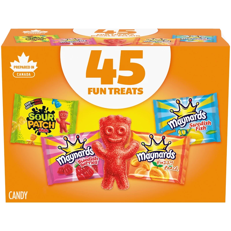 Maynards, Assorted Gummy Candy (Pack of 45), Sour Patch Kids, Fuzzy Peach, Swedish Berries, Swedish Fish, Bulk Candy, Individually Wrapped, Sour Candy, 562 g