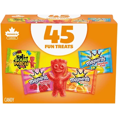 Maynards, Assorted Gummy Candy (Pack of 45), Sour Patch Kids, Fuzzy Peach, Swedish Berries, Swedish Fish, Bulk Candy, Individually Wrapped, Sour Candy, 562 g