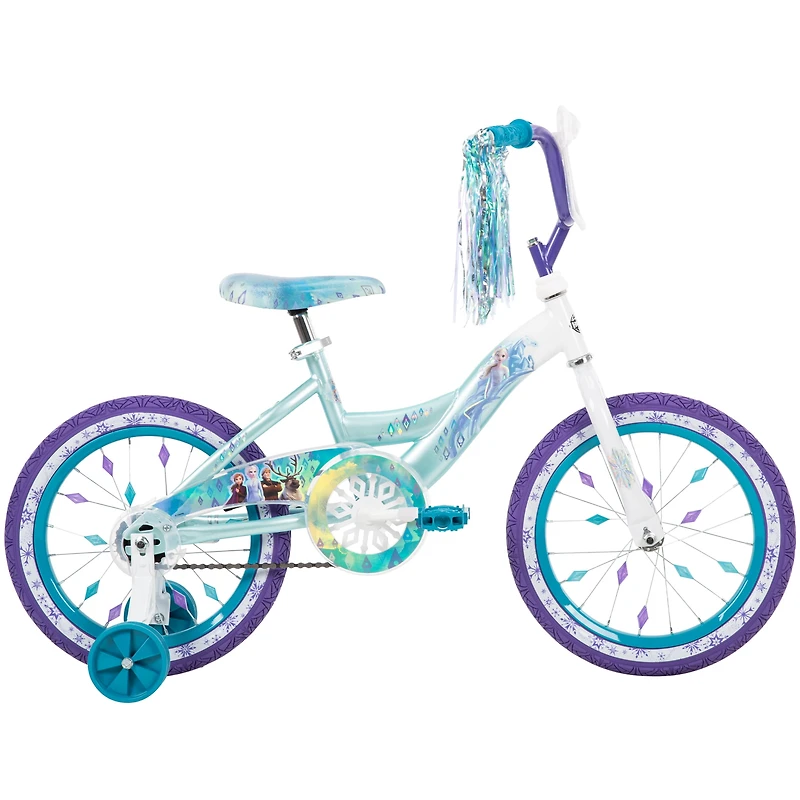 Reines des Neiges de Huffy, 16 pouces, vélos pour les filles avec roues d'entraînement, Blanc étincelant / Bleu cristal 4-6 ans