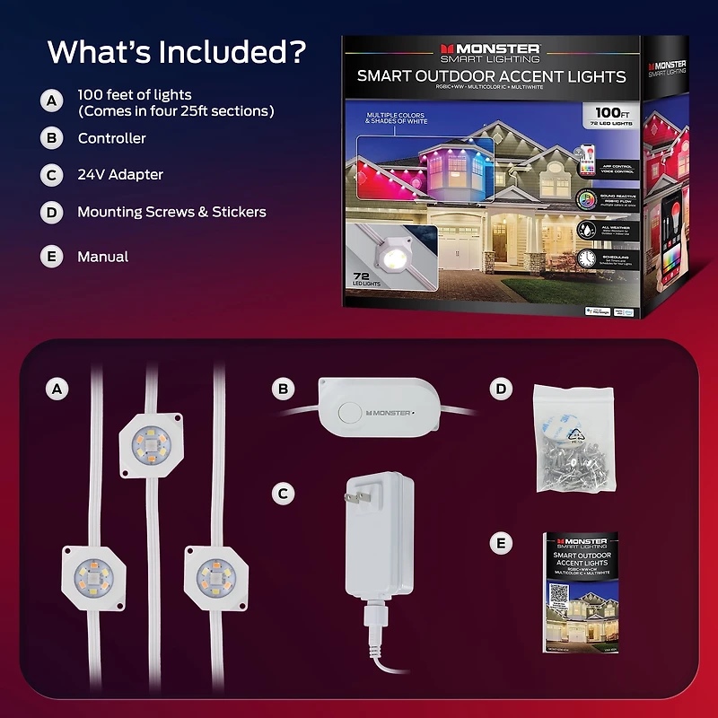 Monster Lumières Extérieures Permanentes Intelligentes, 100 Pieds, 72 LED RGBIC+ Multiblanc, Résistantes à l'Eau, Contrôle par Application et Voix, Parfaites pour les Fêtes et Toute l'Année