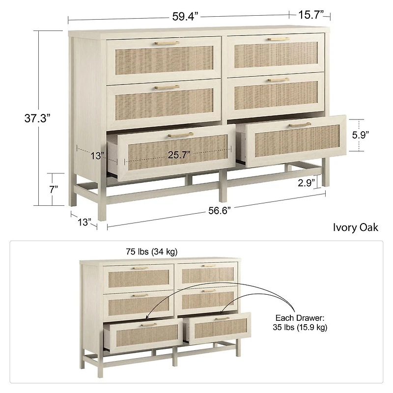 Commode 6 tiroirs Lennon d’Ameriwood Home, brun moyen et faux rotin