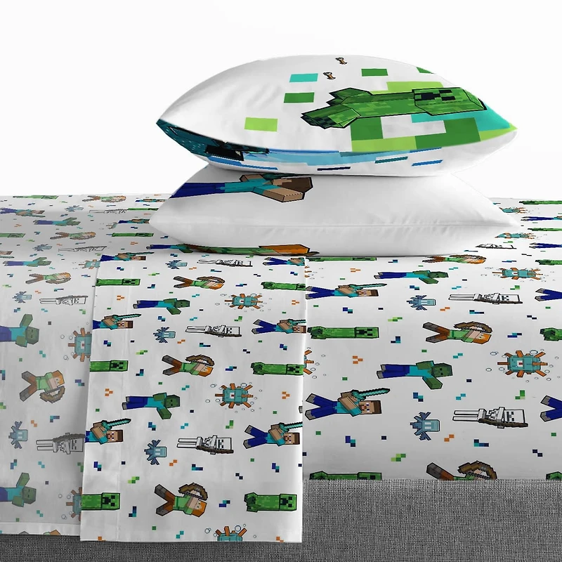 Minecraft Ensemble de Draps 4-Pièces pour Lit 2 Places, 100% Polyester Pour Lit 2 Places