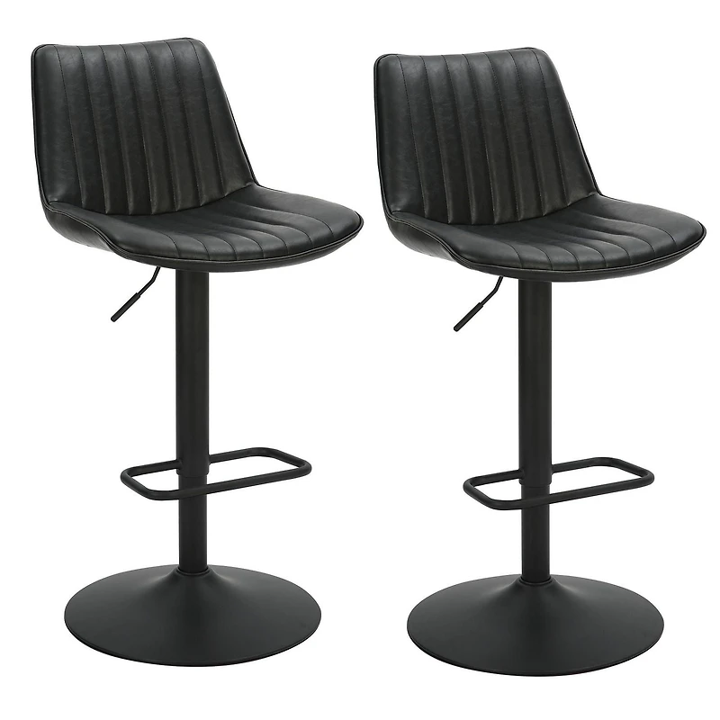Contemporaine Similicuir et Métal Tabouret avec Vérin à l'Air, Jeu de 2 - Noir et Noir
