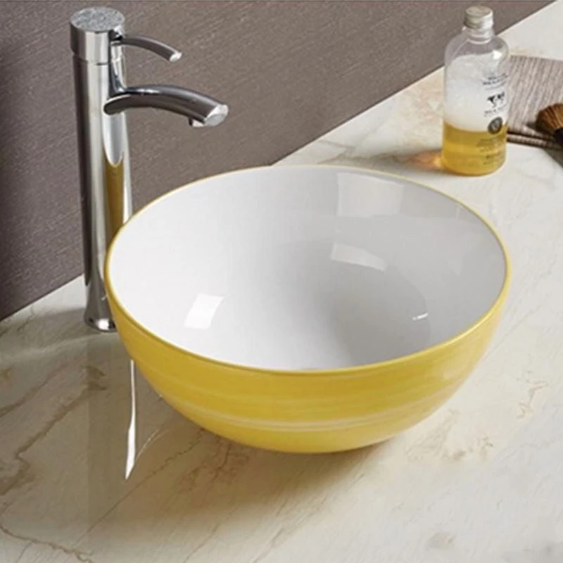 American Imaginations 14.09-in. W Above Counter Yellow Swirl-White Bathroom Vessel Sink For Wall Mount Wall Mount Drilling AI-28039